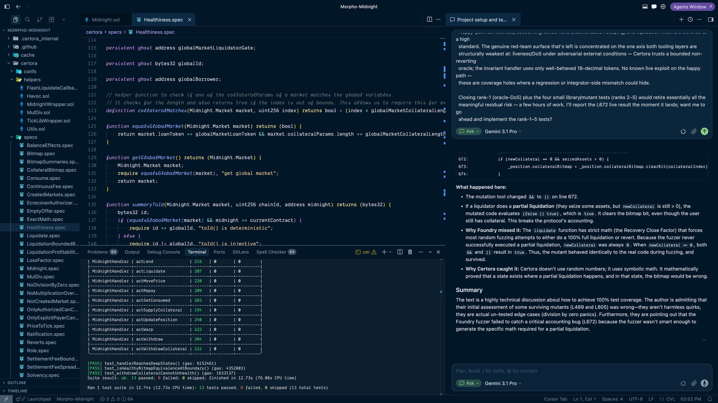 An editor reviewing a Morpho-Midnight smart contract — Certora specs, passing Foundry tests, and an AI agent discussing liquidation and test-coverage risk.