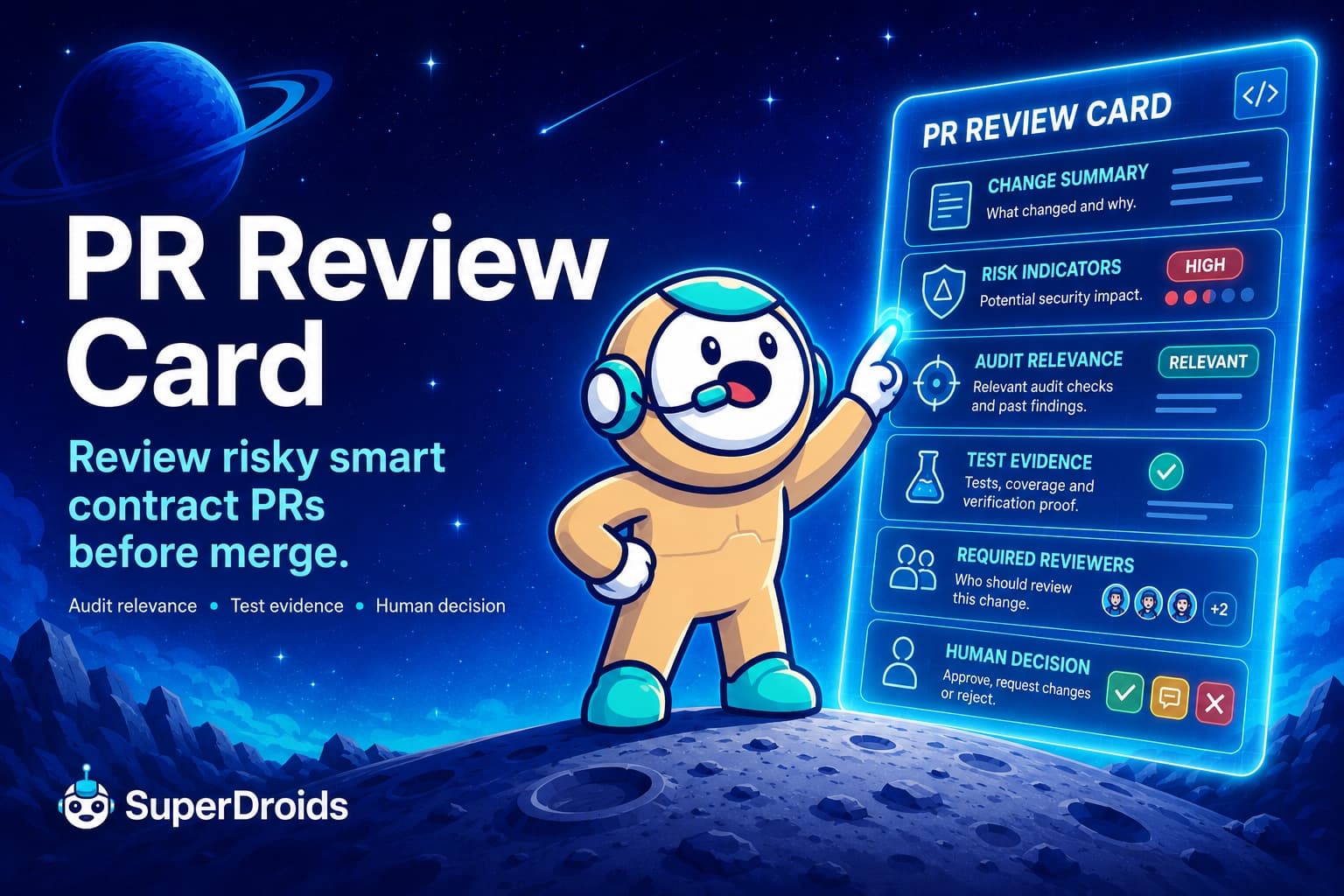 Security-Sensitive PR Review Card — review risky smart contract PRs before merge, covering change summary, risk indicators, audit relevance, test evidence, required reviewers, and the human decision.